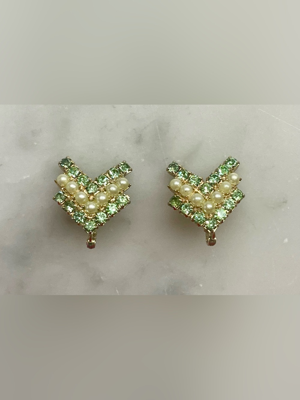 Vintage Gold-Tone Peridot Green and Mini Pearl Chevron Earrings